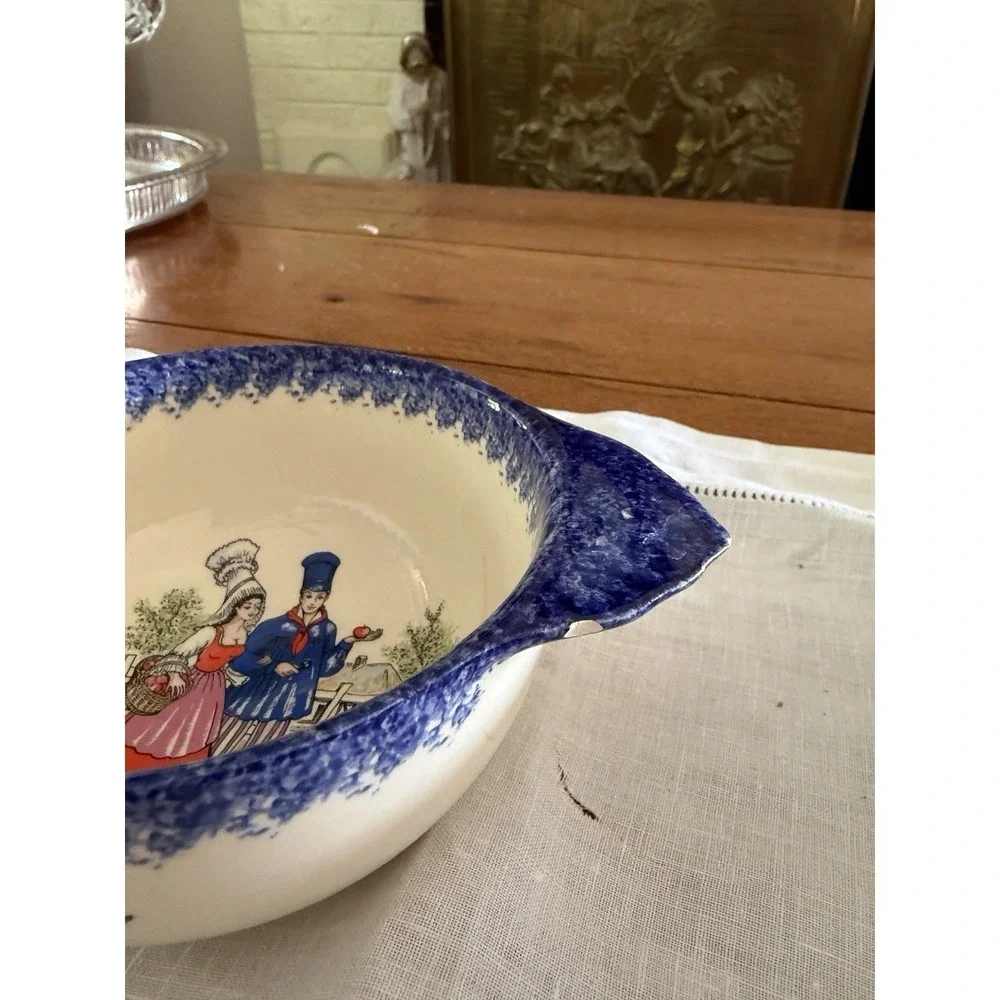 French Folk Art Breton Bowls And Cafe Any Lait Cup Handpainted And Signed Blue
